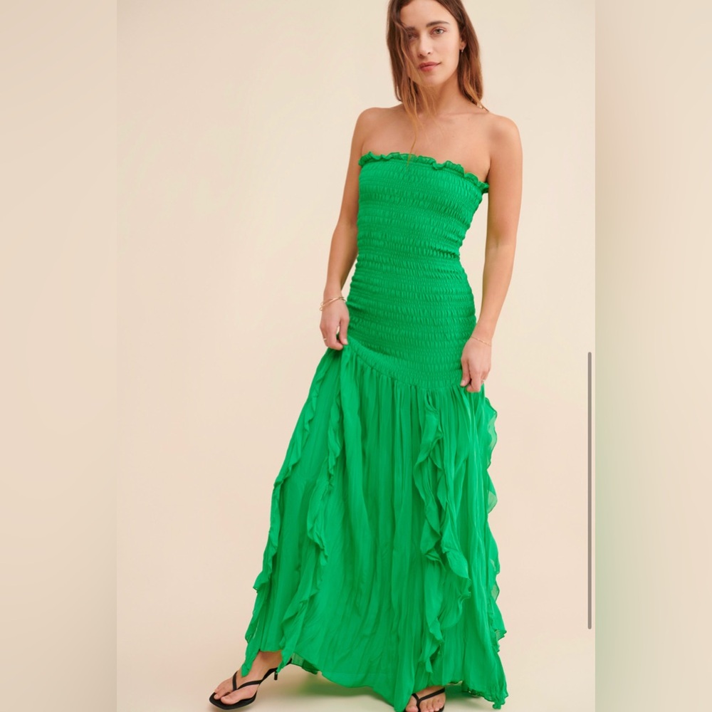 Line and Dot Green Smocked Ruffled Strapless Maxi Dresss